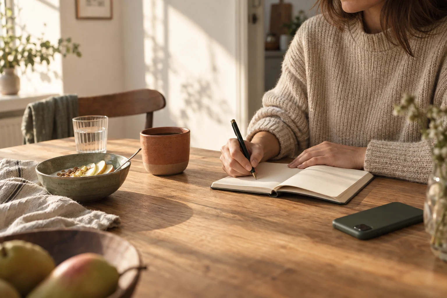 Ein ruhiger Morgen: eine Person hält Gedanken neben Frühstück und Kaffee in einem Notizbuch fest.