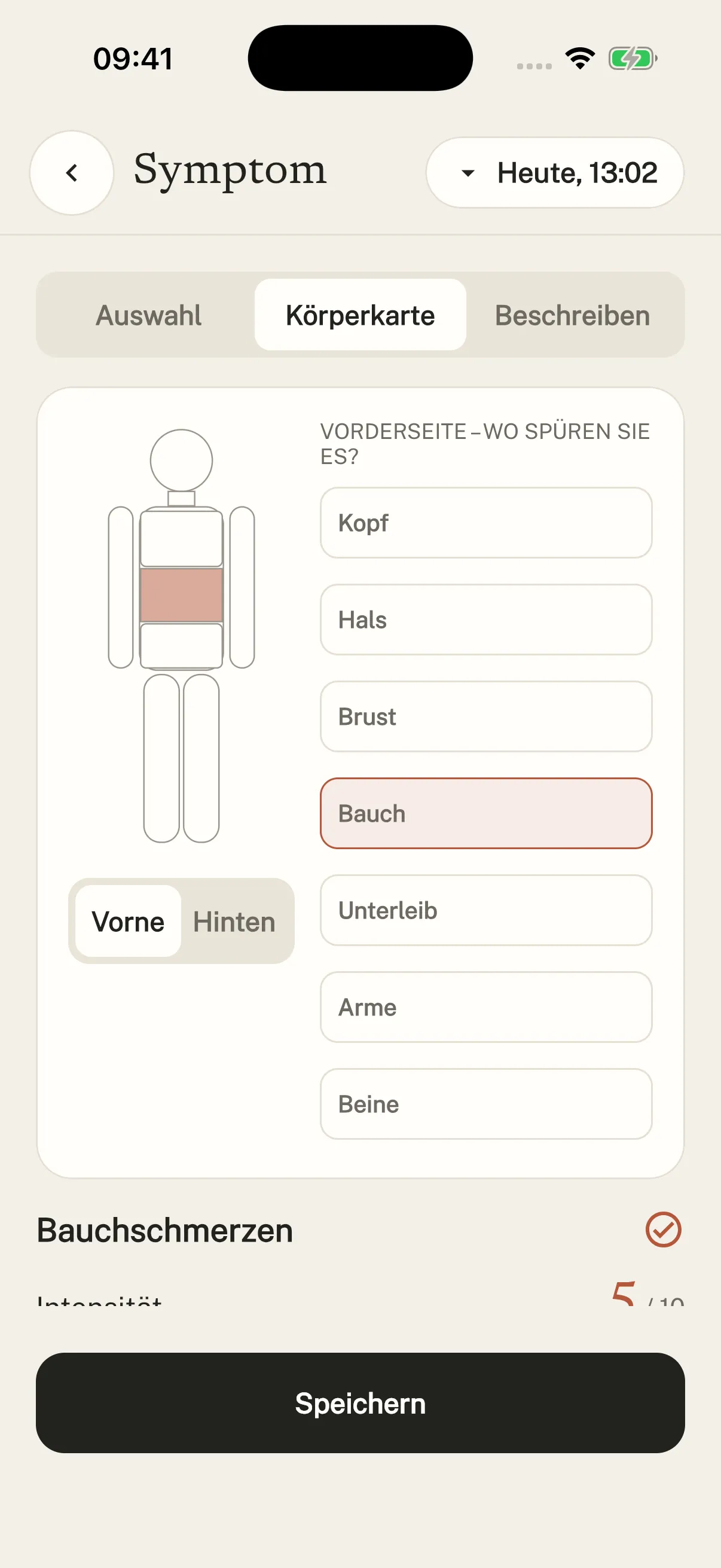Original-Screenshot aus Symtag: Körperkarte · vorne.