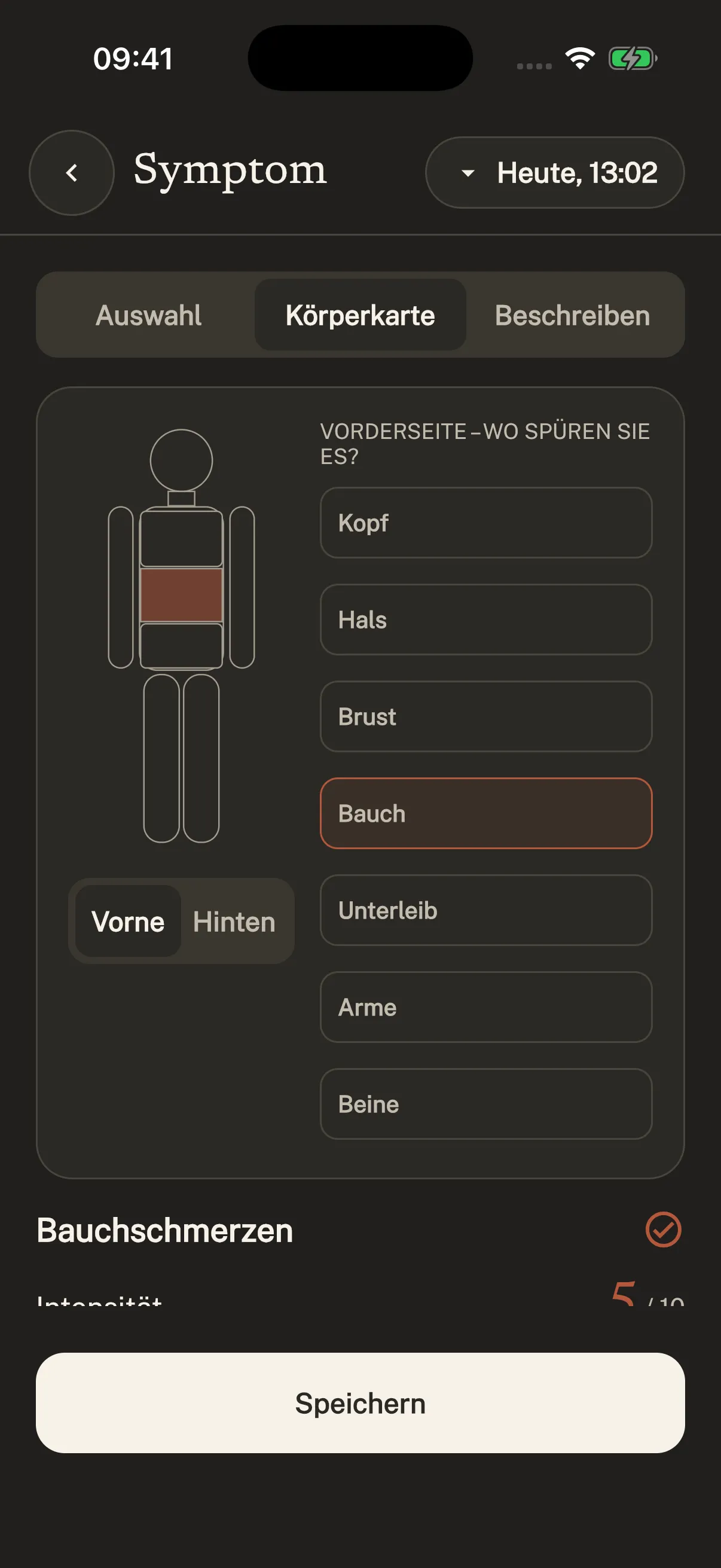 Original-Screenshot aus Symtag: Körperkarte · vorne.