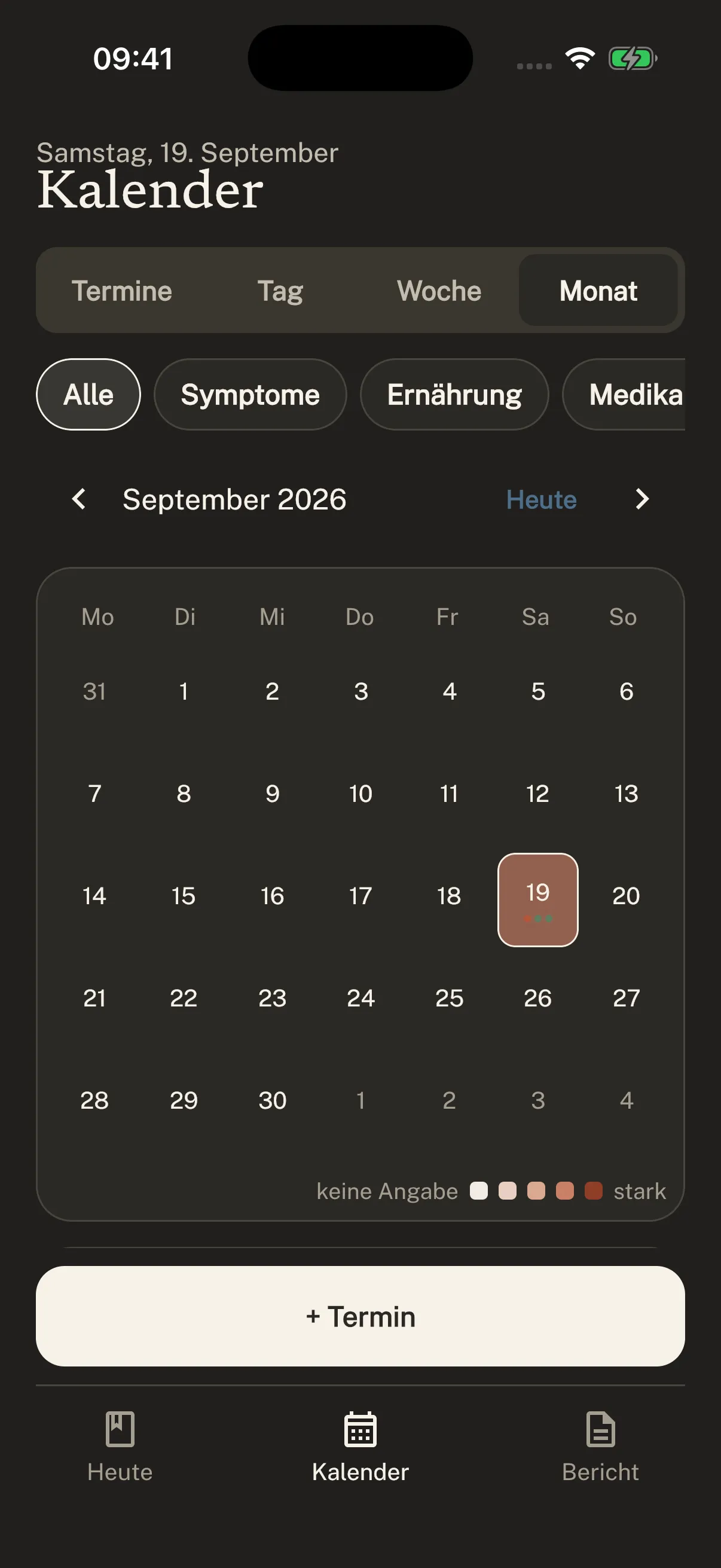 Original-Screenshot: Symtag-Kalender mit dokumentierten Beispieleinträgen.