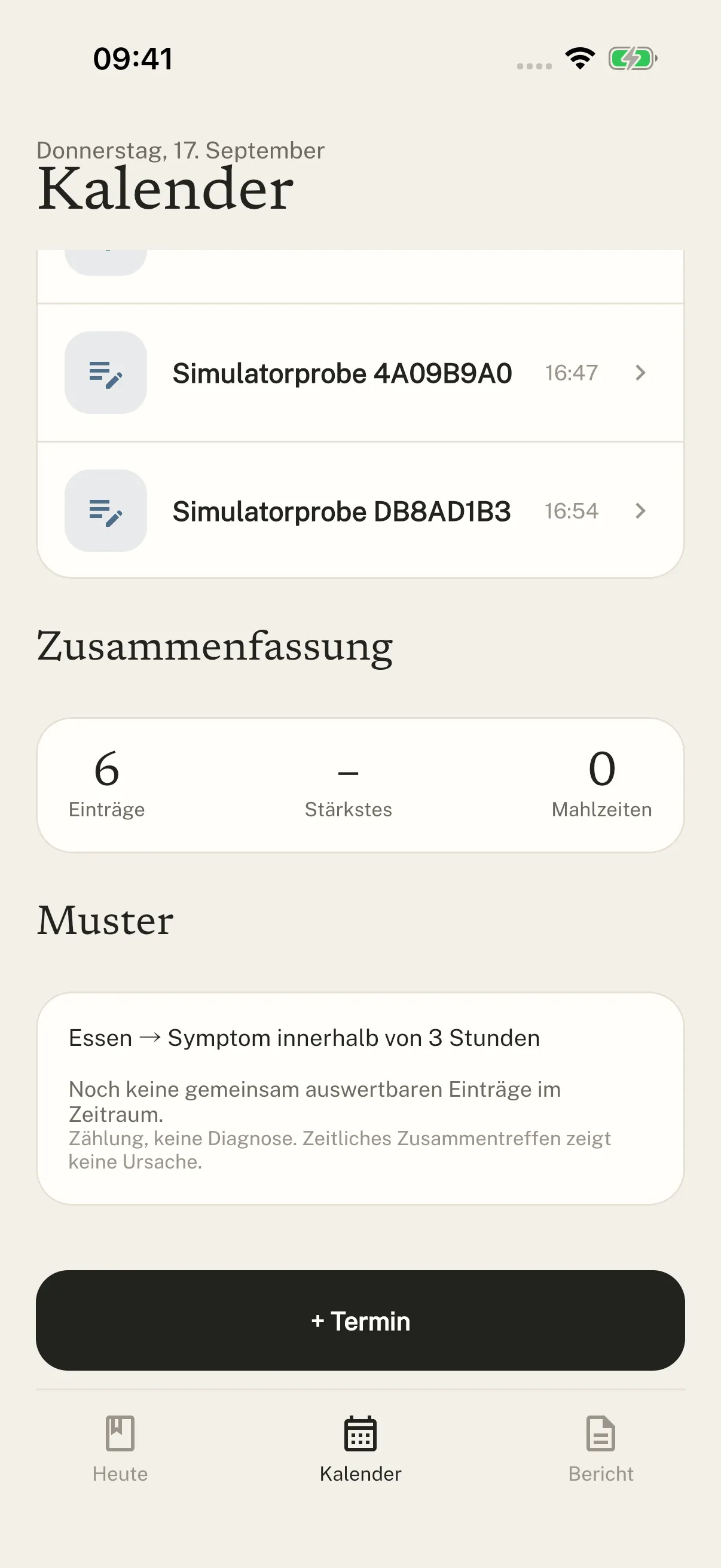 Original-Screenshot: Symtag-Kalender mit dokumentierten Beispieleinträgen.