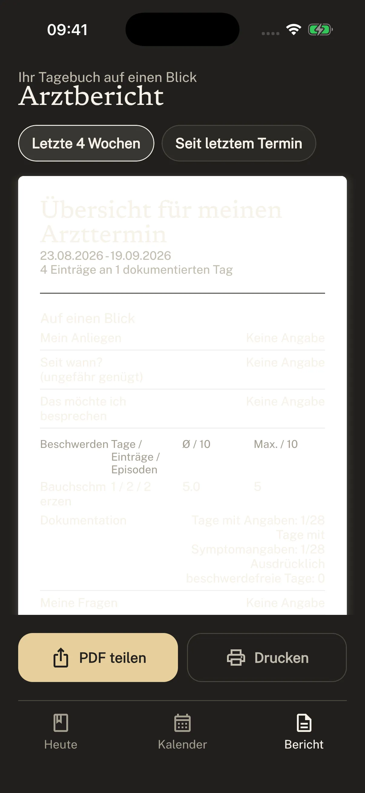 Original-Screenshot: Arztbericht in Symtag mit wählbarem Zeitraum.