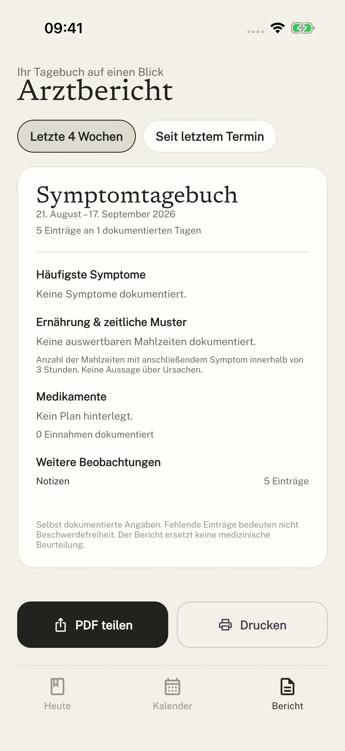 Original-Screenshot: Arztbericht in Symtag mit wählbarem Zeitraum.