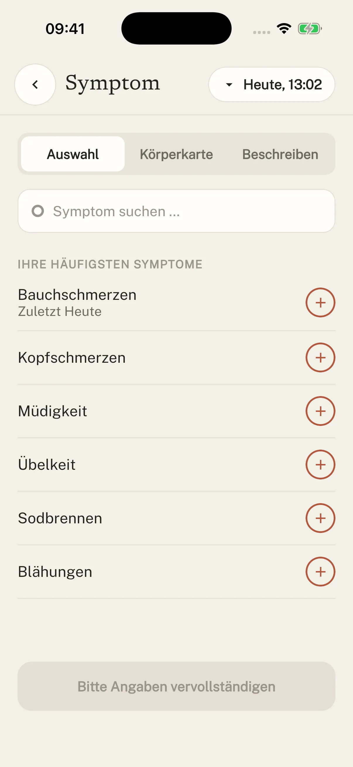 Original-Screenshot aus Symtag: Symptom auswählen.