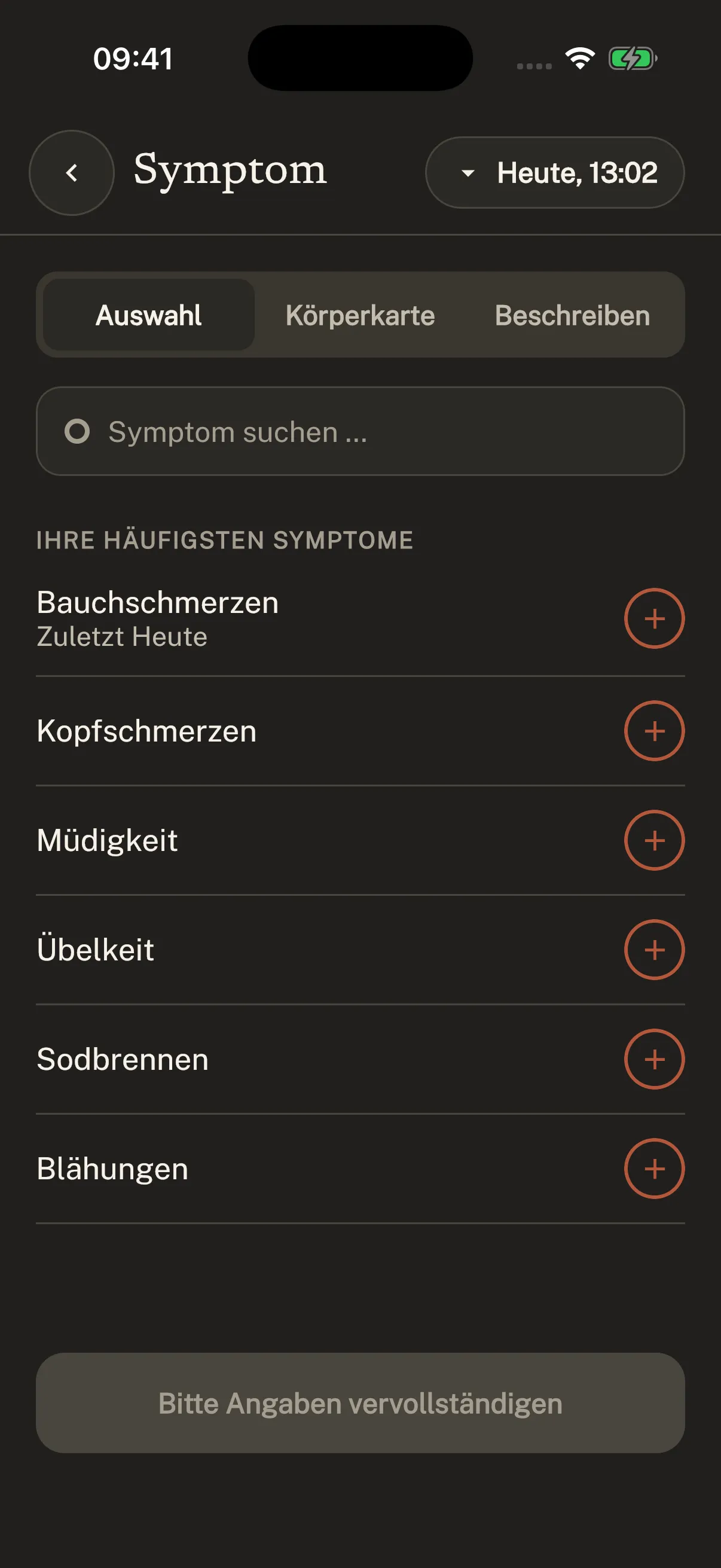 Original-Screenshot aus Symtag: Symptom auswählen.
